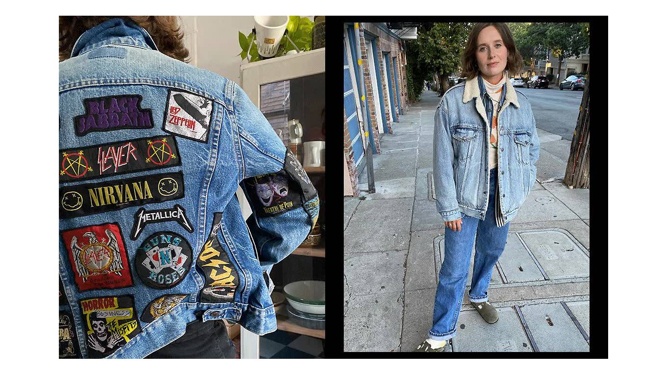 Photos of Sarah Coburn. She is wearing a Levi's Sherpa Trucker Jacket with two shirts layered underneath and Levi's jeans with Birkenstocks.