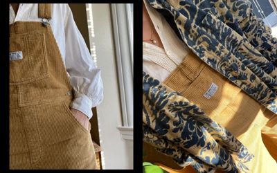 Photos of Sarah Coburn at-home. She is wearing a white top under tan corduroy overalls and a printed jacket.