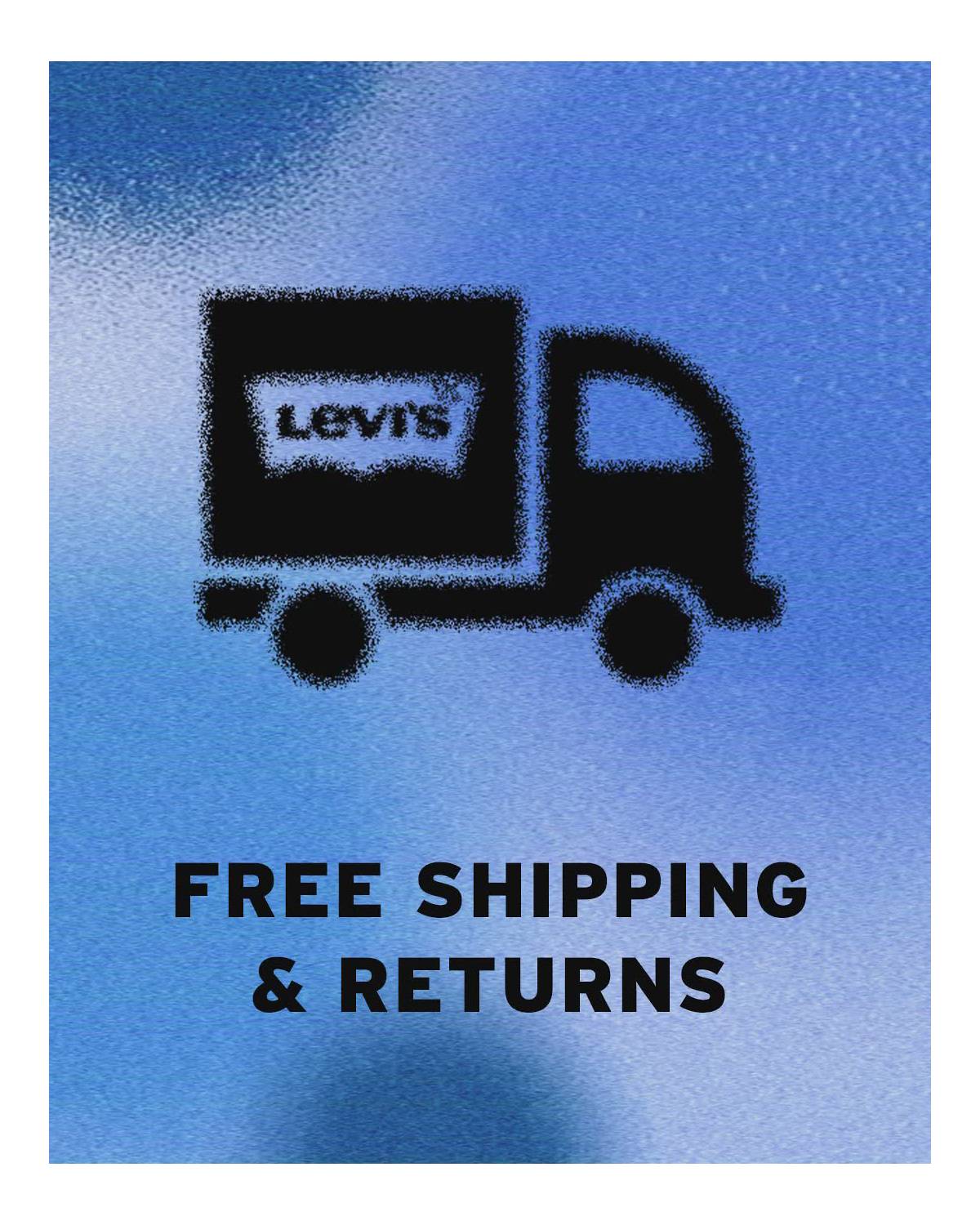 Icon of Truck with Levi's on it and the words "Free Shipping & Returns" overlayed on top of a blue background.