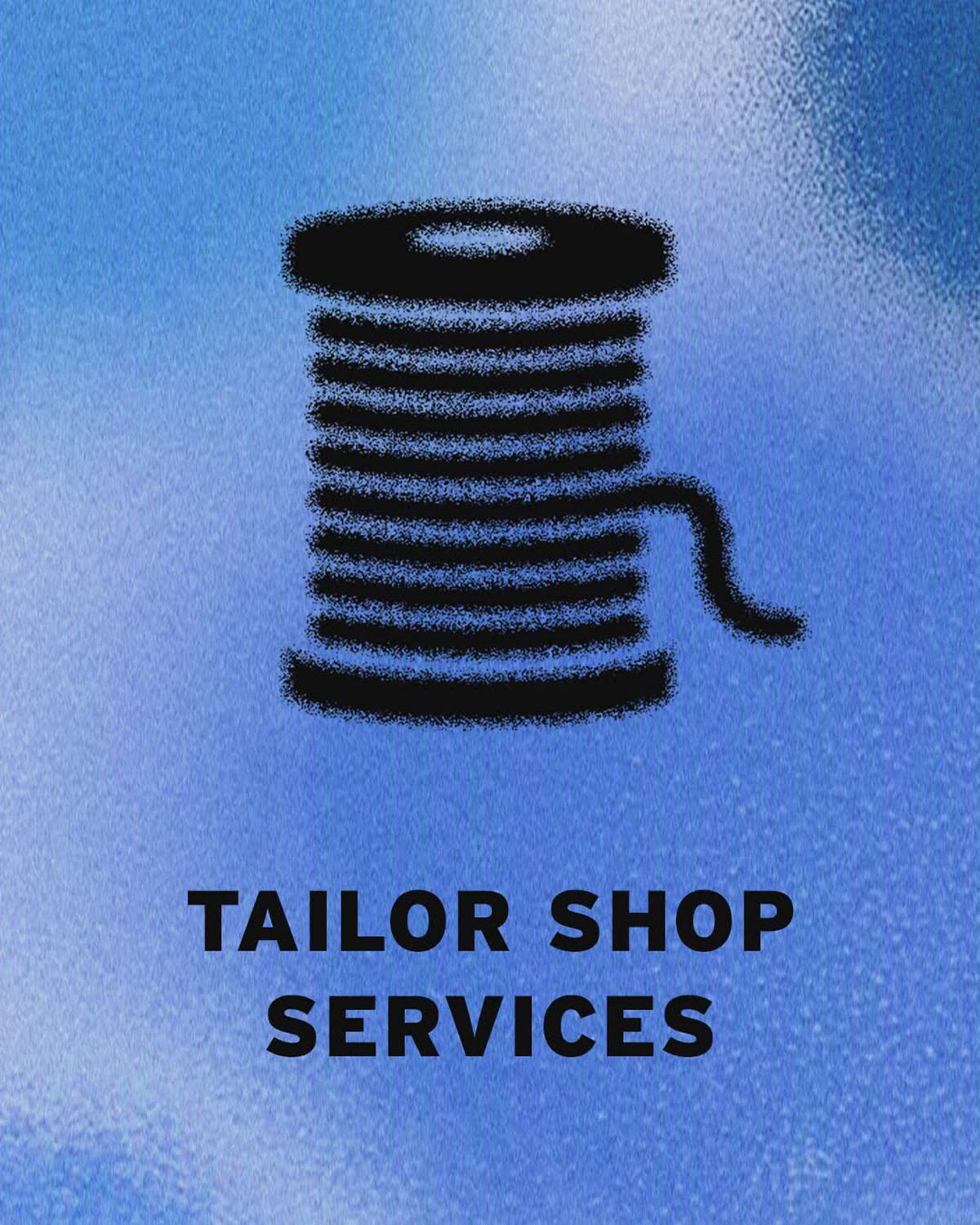 Icon of a thread and the words "Tailor Shop Services" overlayed on a blue background.