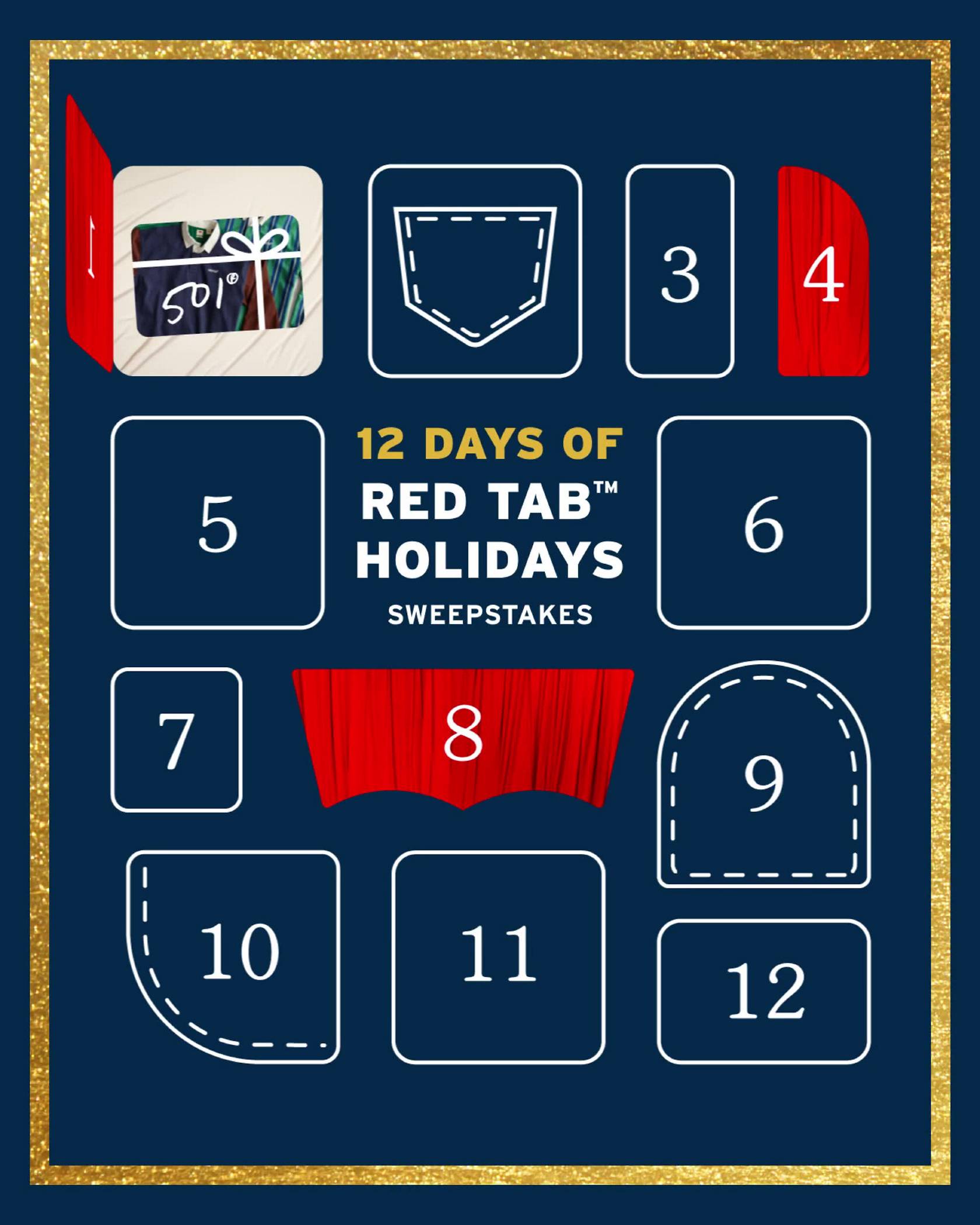 Levi's blue advent calendar that opens showing $501 gift cards