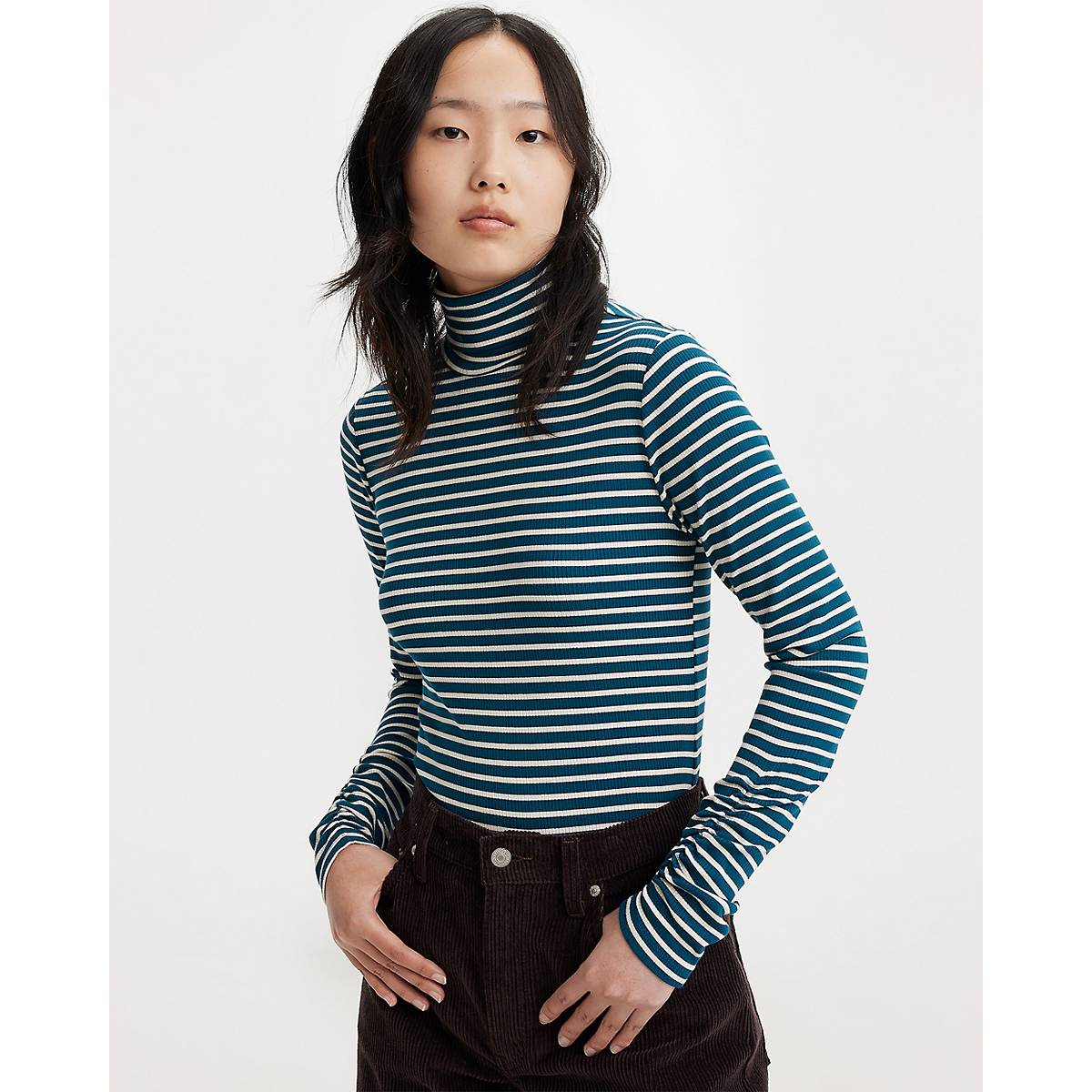 Woman wearing striped shirt