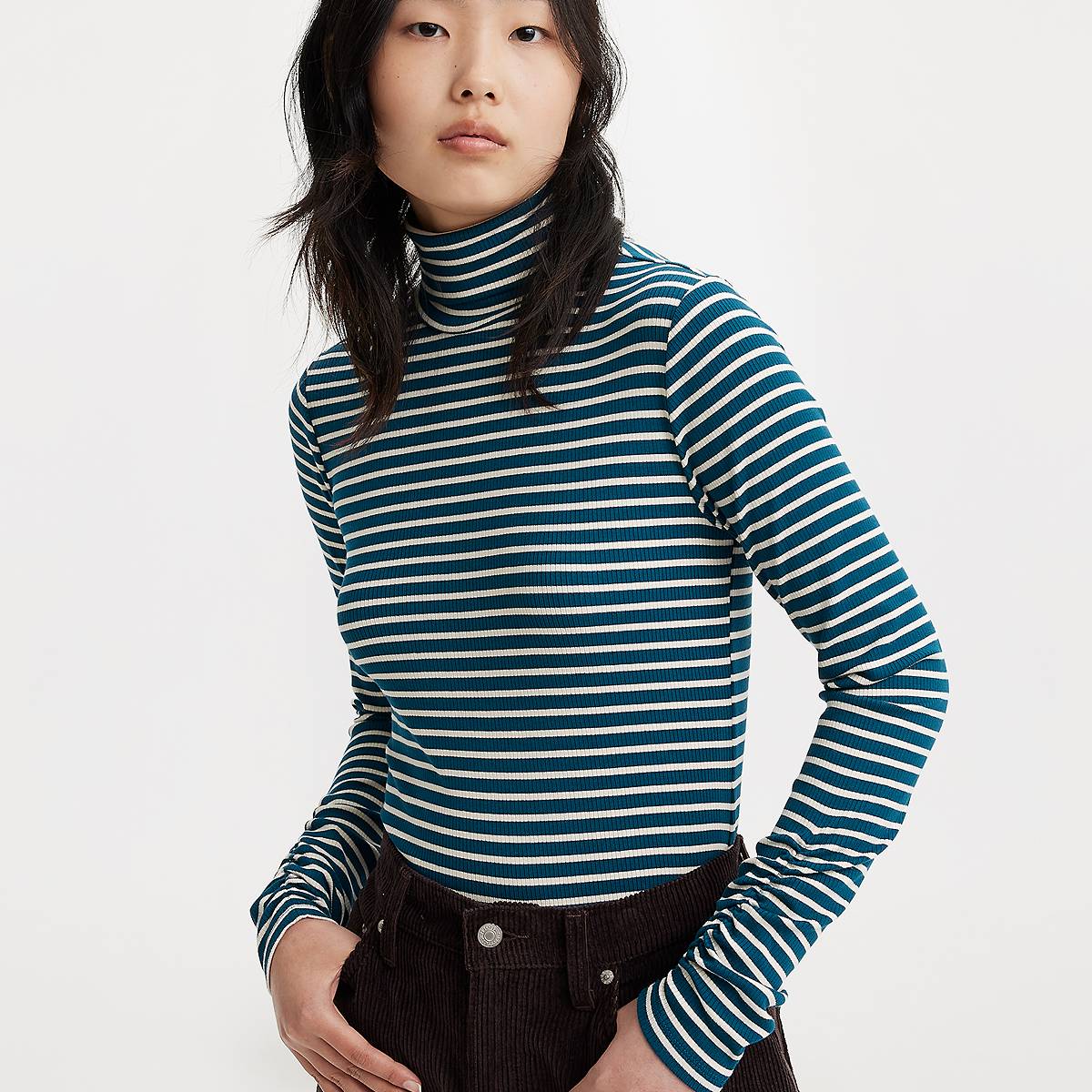 Woman wearing striped shirt