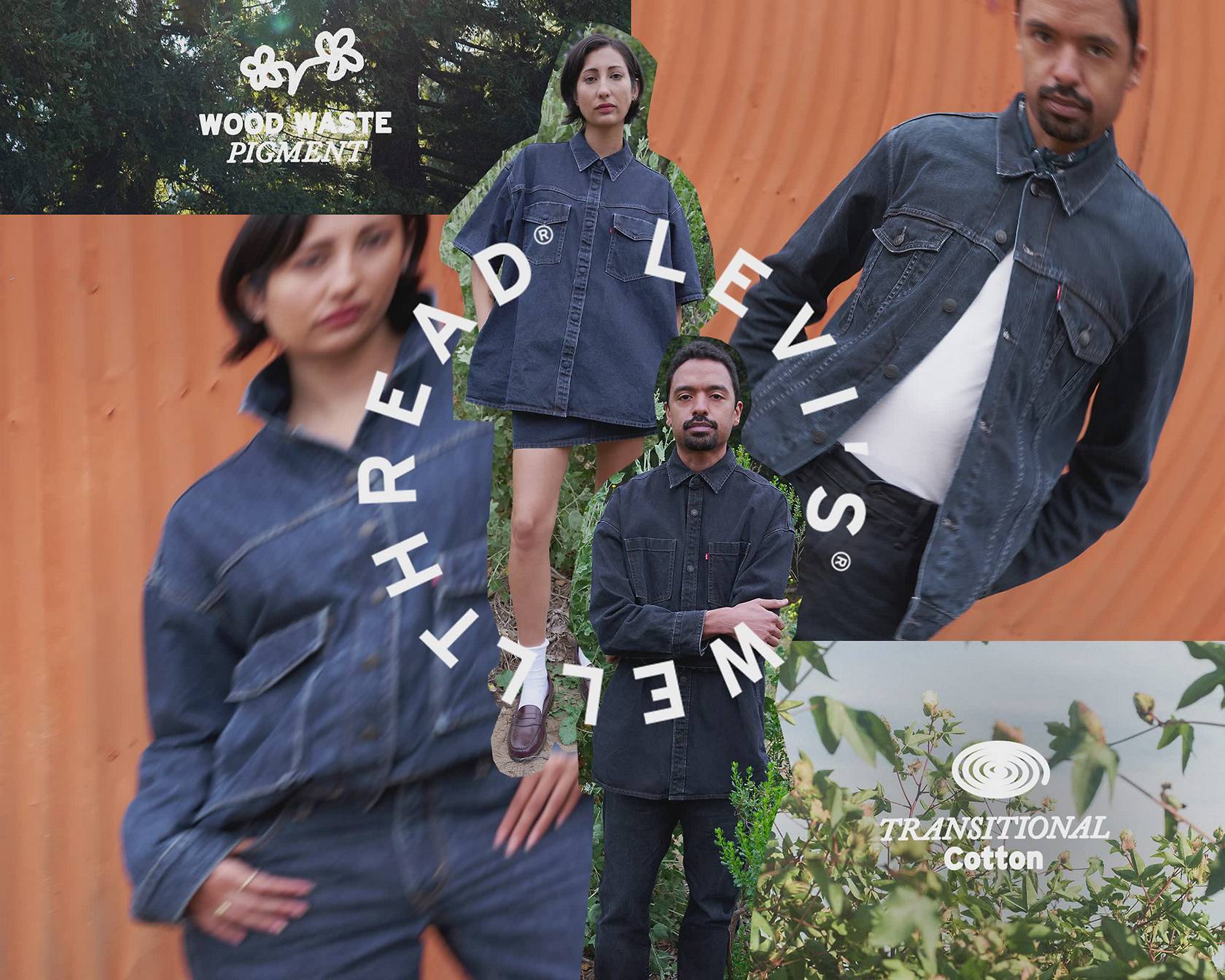 Circular white "Levi's® Wellthread" type rotates over top a collage of models and environment imagery