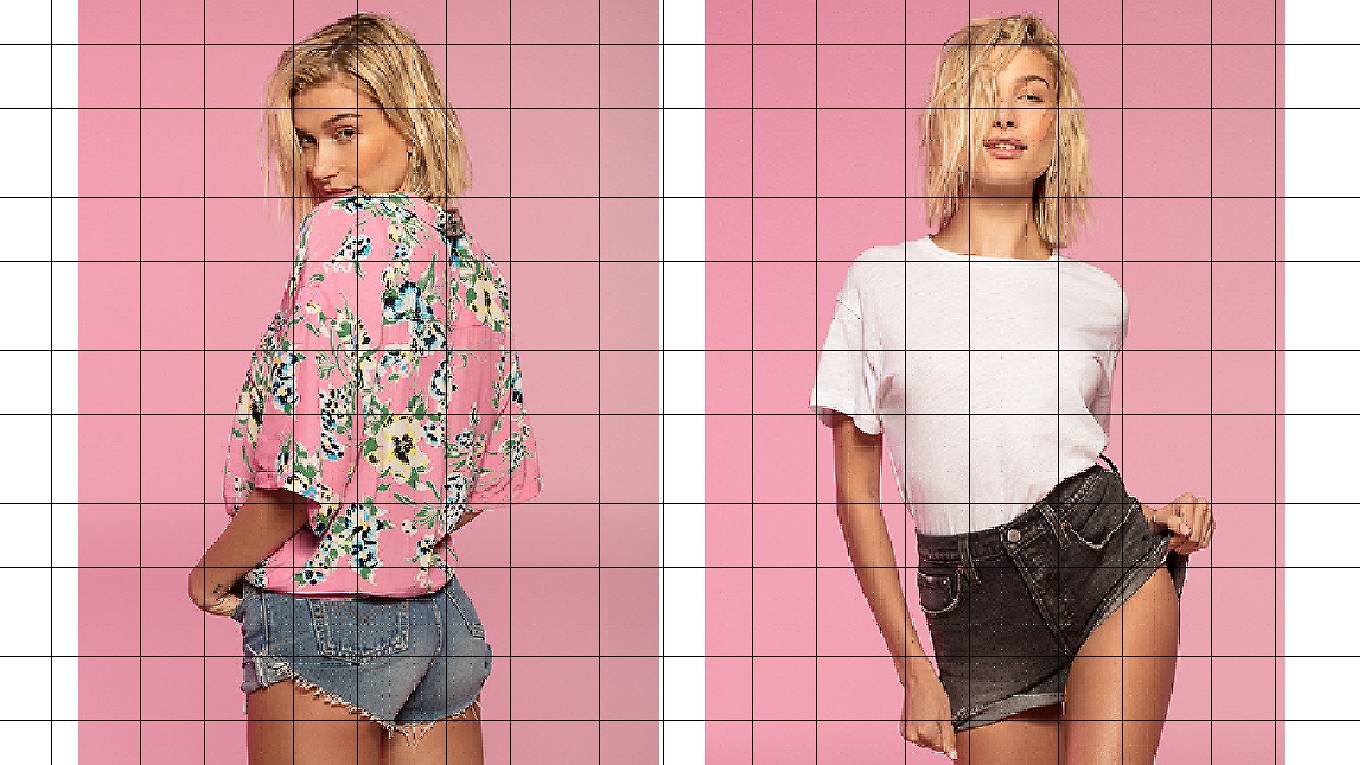 hailey bieber in pink printed top and denim cut off shorts