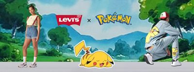 Two models wearing outfits from the Levi's Pokemon collaboration