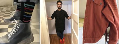 Collage of three images. First image: close-up of clear sneakers and Levi's logo socks. Middle image: Photo of Max Kessler standing in a doorway in his home. He is wearing all black and bright red socks. Last image: Close-up of terracotta Trucker Jacket hanging on the back of a chair.