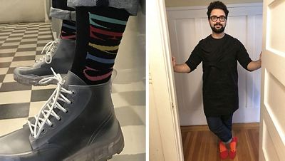 Collage of three images. First image: close-up of clear sneakers and Levi's logo socks. Middle image: Photo of Max Kessler standing in a doorway in his home. He is wearing all black and bright red socks. Last image: Close-up of terracotta Trucker Jacket hanging on the back of a chair.