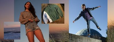 Collage of four images: the left image is of the beach at sunset, the middle left image is of a model wearing a floral jacket and denim cutoff shorts, the middle right image is of a turquoise sweatshirt laid on a rock and the furthest right image is of a person standing on one foot on a ledge, raising their arms while wearing a purple shirt, denim trucker jacket and denim blue jeans.