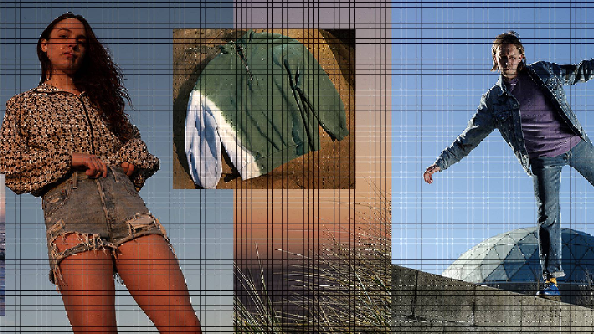 Collage of four images: the left image is of the beach at sunset, the middle left image is of a model wearing a floral jacket and denim cutoff shorts, the middle right image is of a turquoise sweatshirt laid on a rock and the furthest right image is of a person standing on one foot on a ledge, raising their arms while wearing a purple shirt, denim trucker jacket and denim blue jeans.