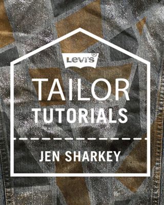 Video of Levi's® Tailor, Jen Sharkey, wearing the customized stained glass trucker jacket she created next to an image of the laydown of the trucker.