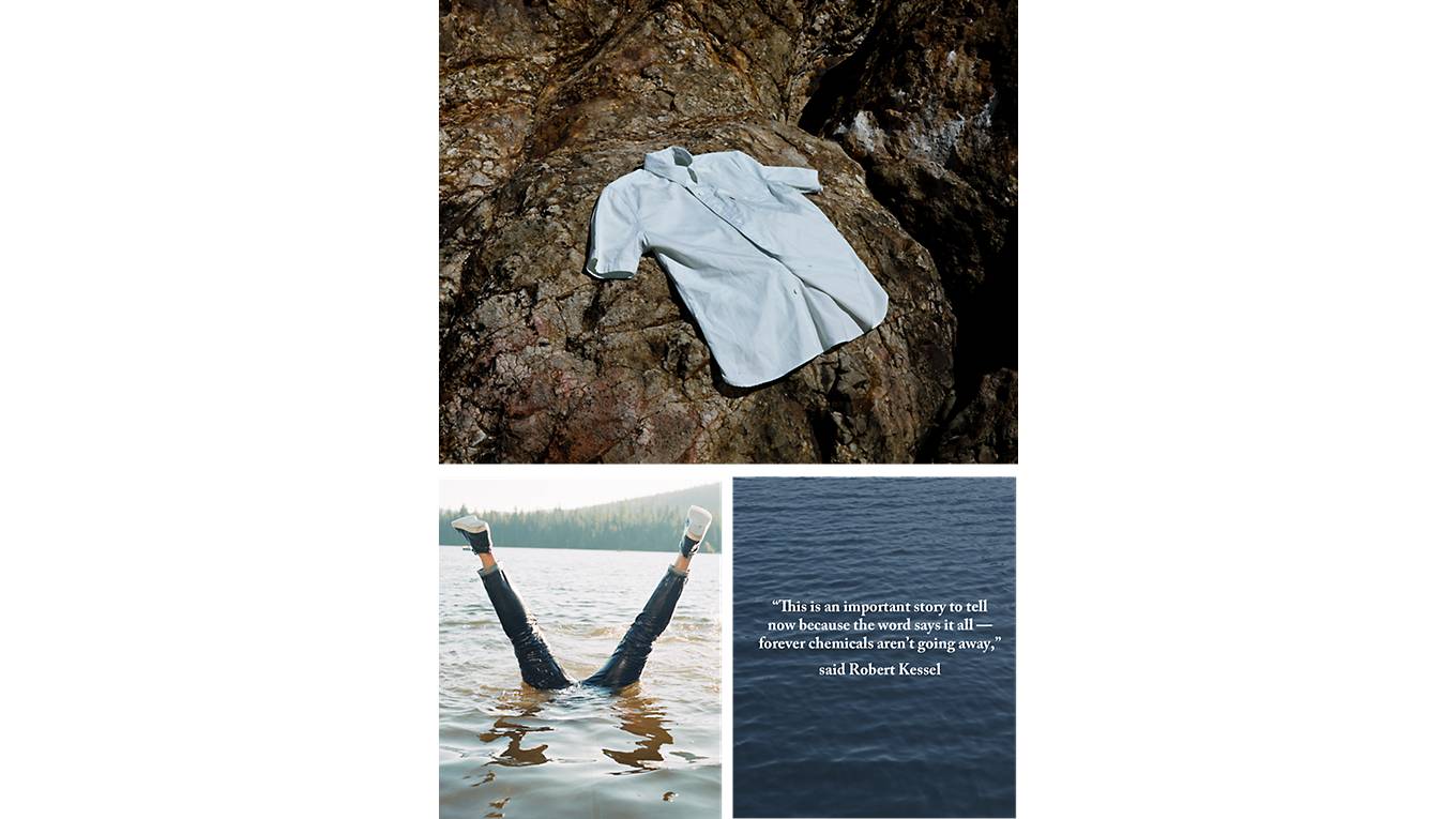 Shirt laying on the rocks and man underneath water with his legs sticking out.