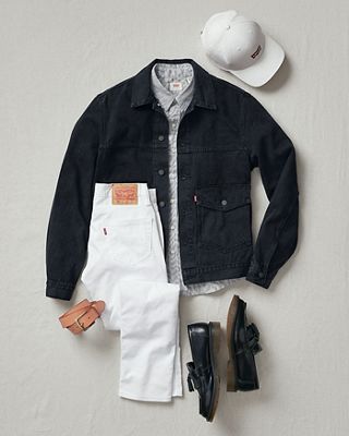 outfit with blazer and white jeans