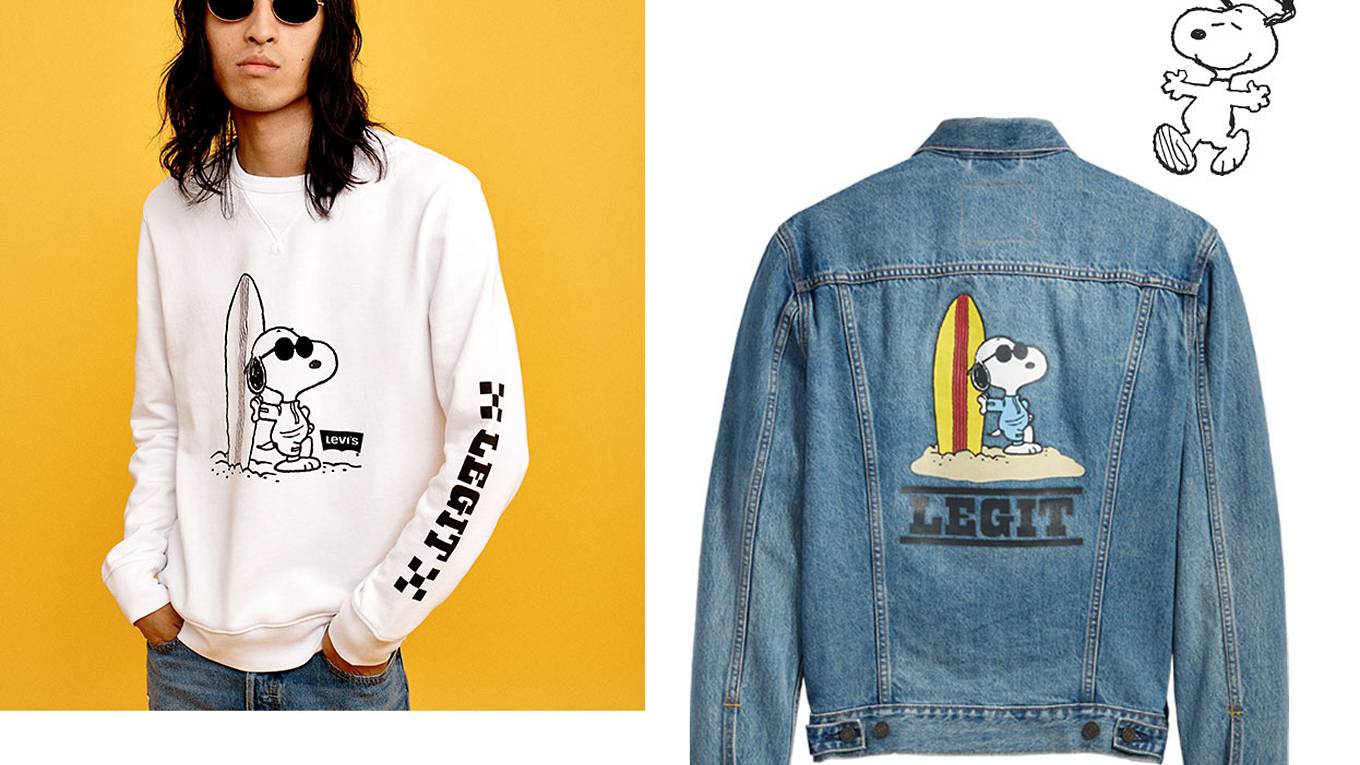 Single up image with the left a yellow background and right a white background with a peanuts denim jacket.