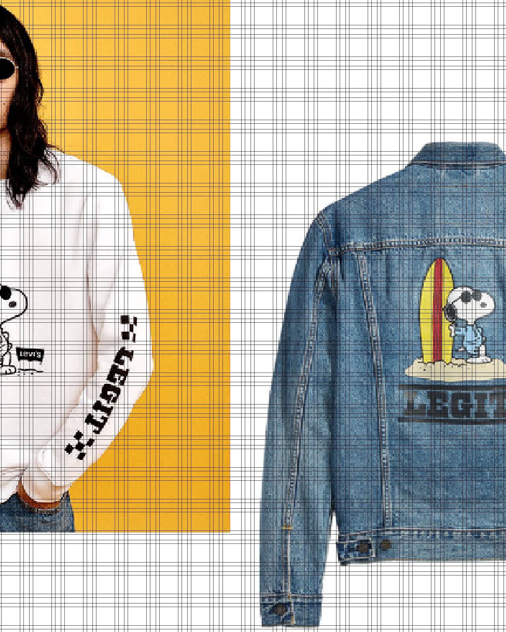 Single up image with the left a yellow background and right a white background with a peanuts denim jacket.