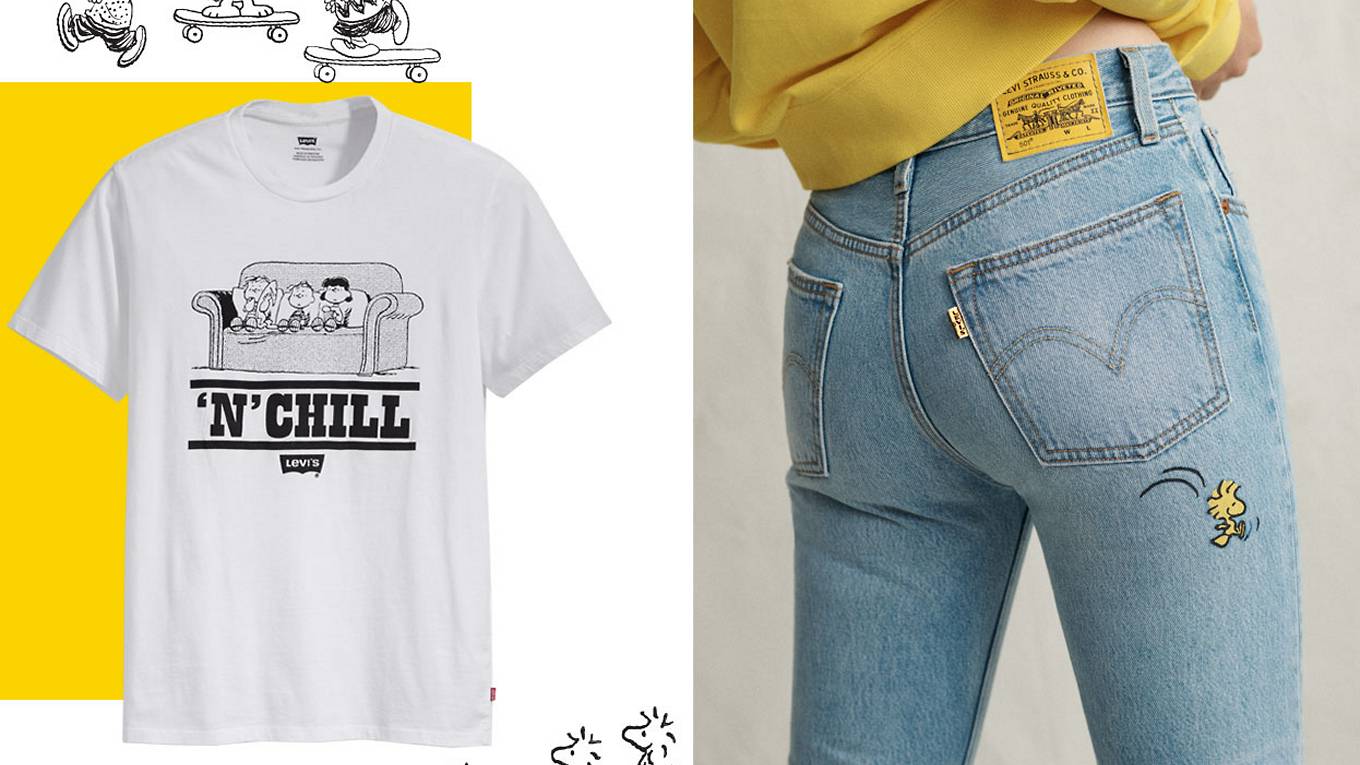 Peanuts image, on the right are peanuts jeans with a yellow levi's tab.