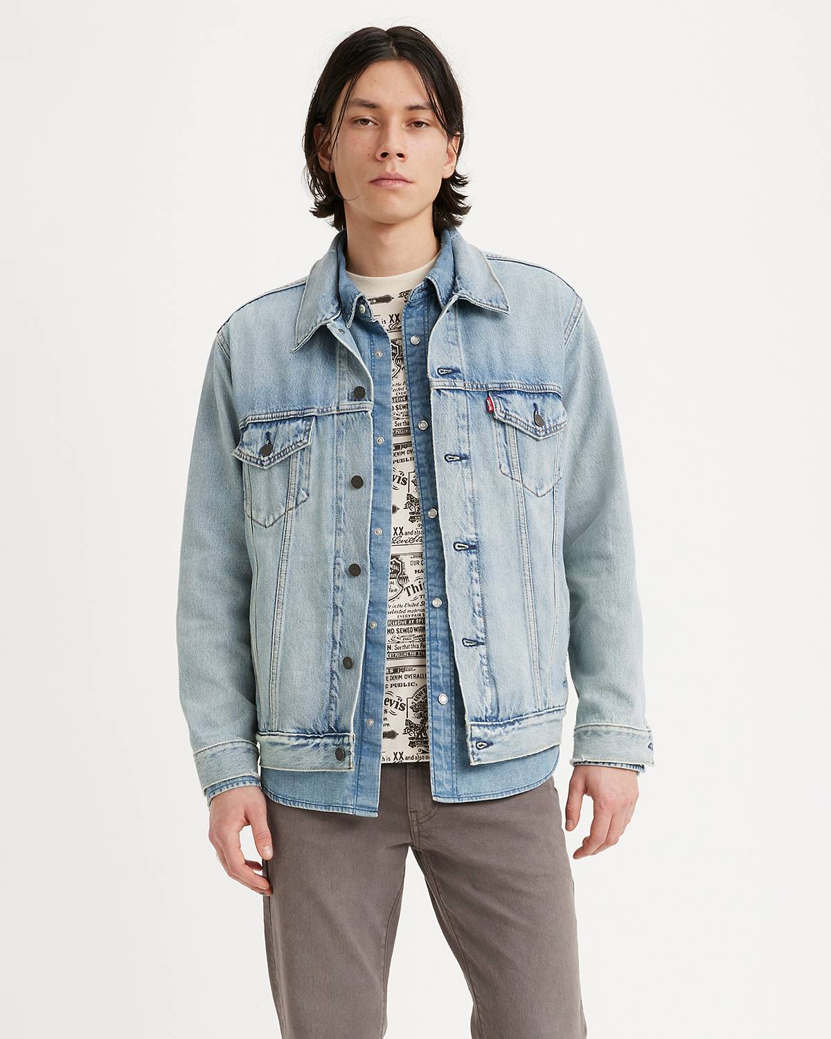 Male model wearing a jean jacket.
