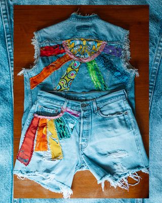 The custom trucker jacket and shorts featuring a rainbow of colored fabric