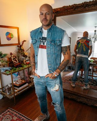 Johnny wearing the custom trucker jacket