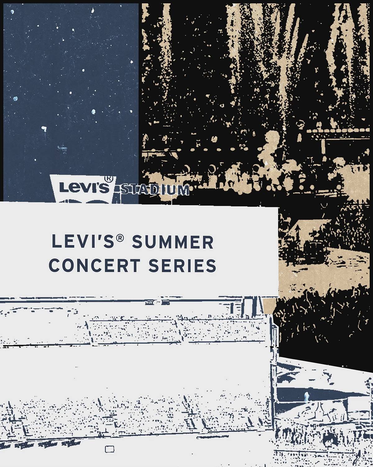 White illustrated Levi's® Stadium graphic with words "Levi's® Summer Concert Series" on billboard with rotating textured multi colored background.