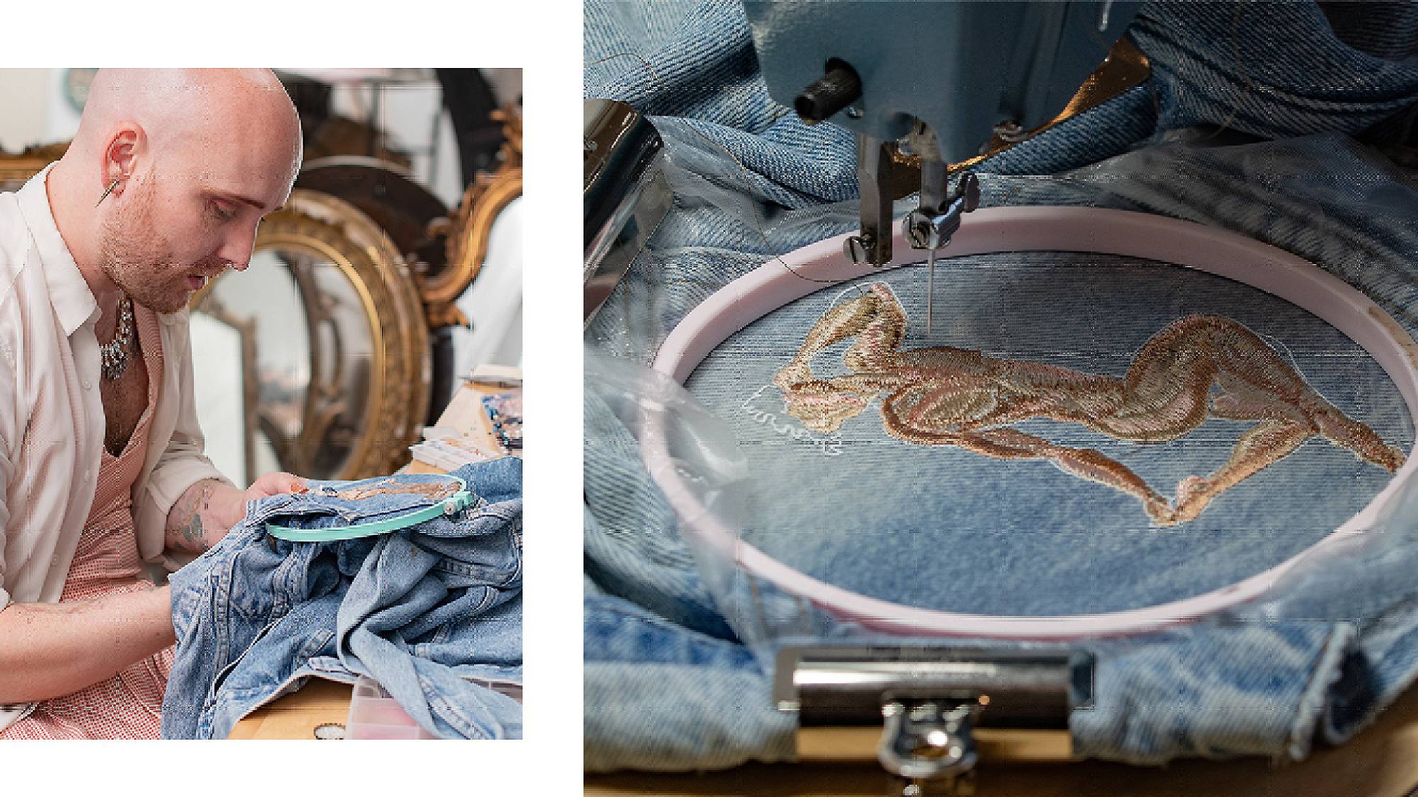 Two images - the left image is of Michael-Birch Pierce hand-stitching the embroidered design on a trucker jacket. The right image is of a sewing machine sewing a pattern on a trucker jacket.