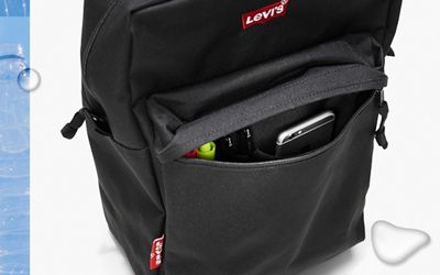 Close up of the front of the recycled backpacks.