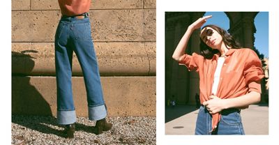 Two images of Adeline Hocine in an orange blouse, white tank top and blue jeans that are cuffed at the bottom. The left image is a closer shot of the back of the jeans. The right image is of Adeline blocking the sun from her eyes.