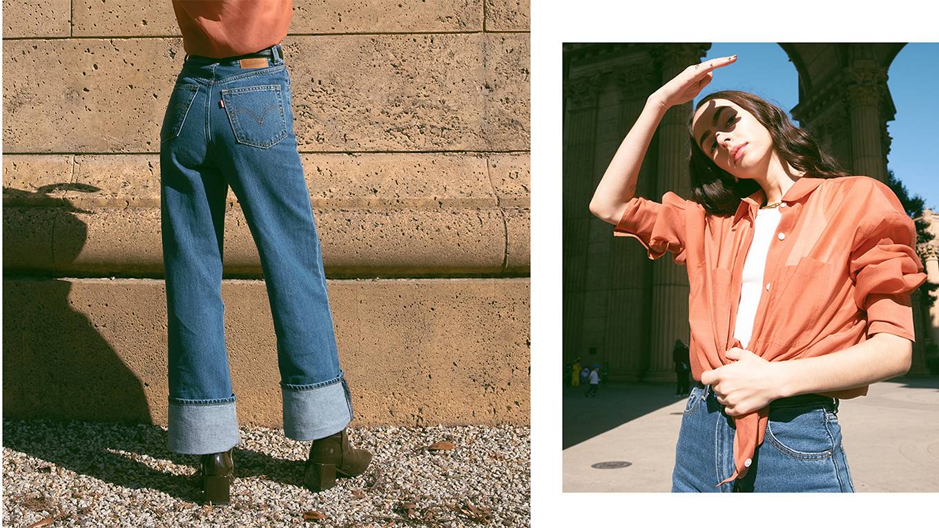 Two images of Adeline Hocine in an orange blouse, white tank top and blue jeans that are cuffed at the bottom. The left image is a closer shot of the back of the jeans. The right image is of Adeline blocking the sun from her eyes.