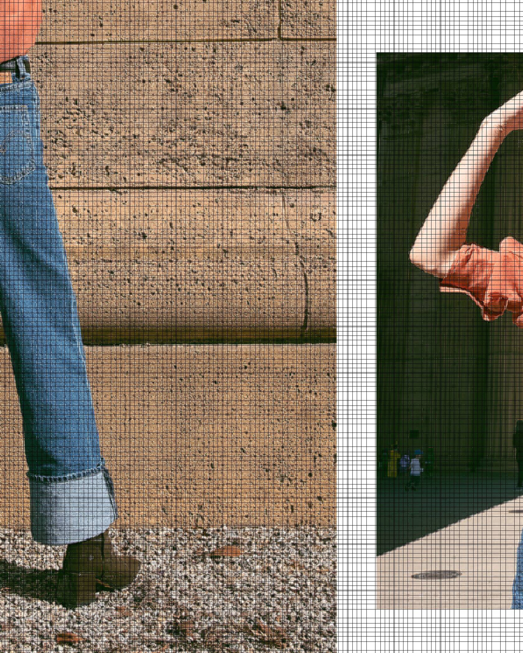 Two images of Adeline Hocine in an orange blouse, white tank top and blue jeans that are cuffed at the bottom. The left image is a closer shot of the back of the jeans. The right image is of Adeline blocking the sun from her eyes.