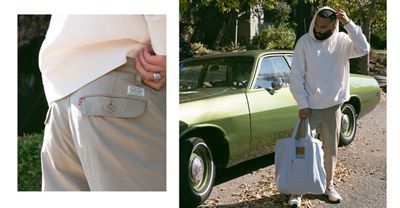 Two images of Paul Bellas. The left image is a close-up shot of the Levi's® Cargo Pants he's wearing. The right side is a further out shot of Paul standing in front of a vintage green car while wearing a white hoodie, cargo pants, and carrying a light blue denim tote.