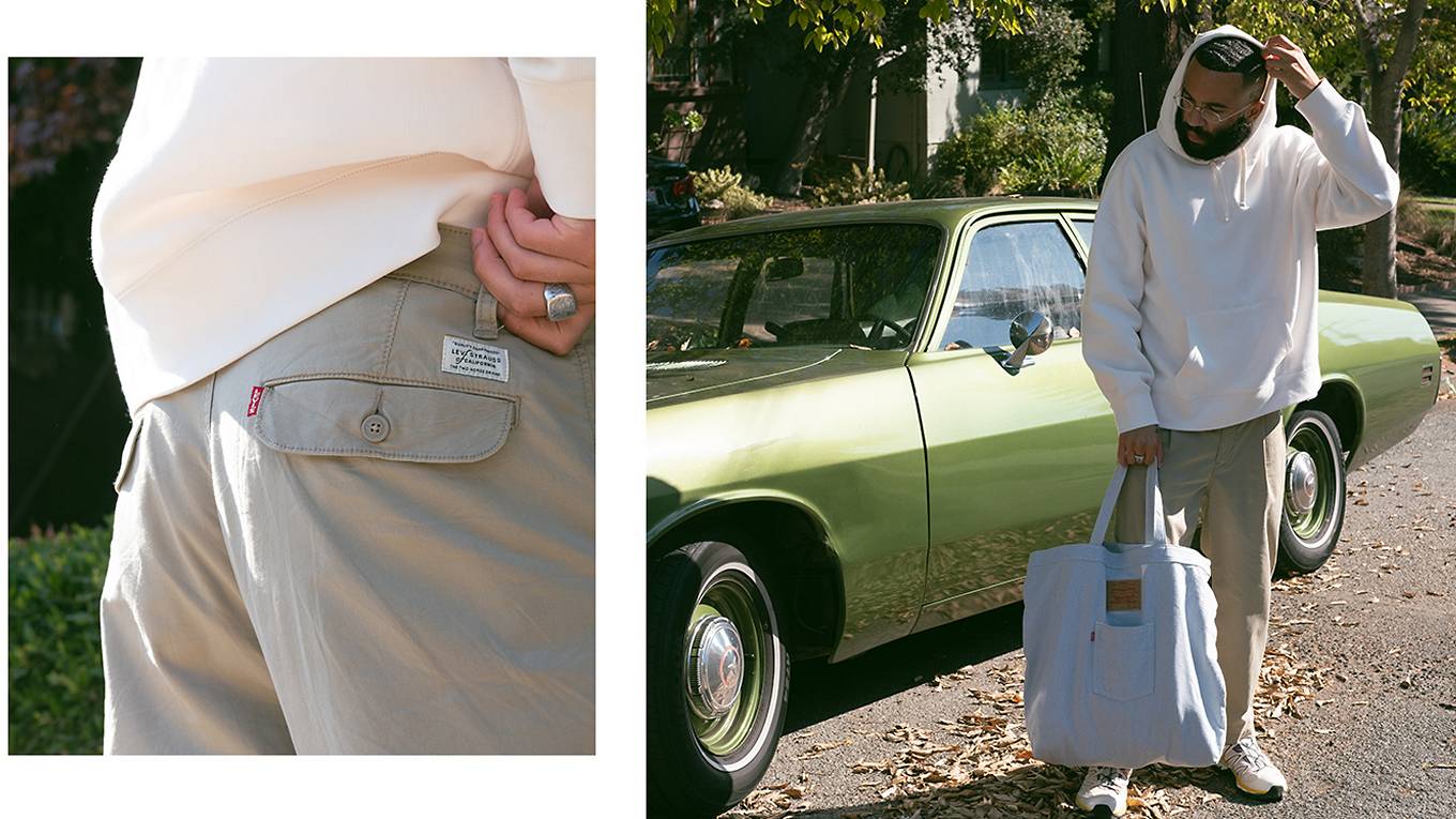 Two images of Paul Bellas. The left image is a close-up shot of the Levi's® Cargo Pants he's wearing. The right side is a further out shot of Paul standing in front of a vintage green car while wearing a white hoodie, cargo pants, and carrying a light blue denim tote.