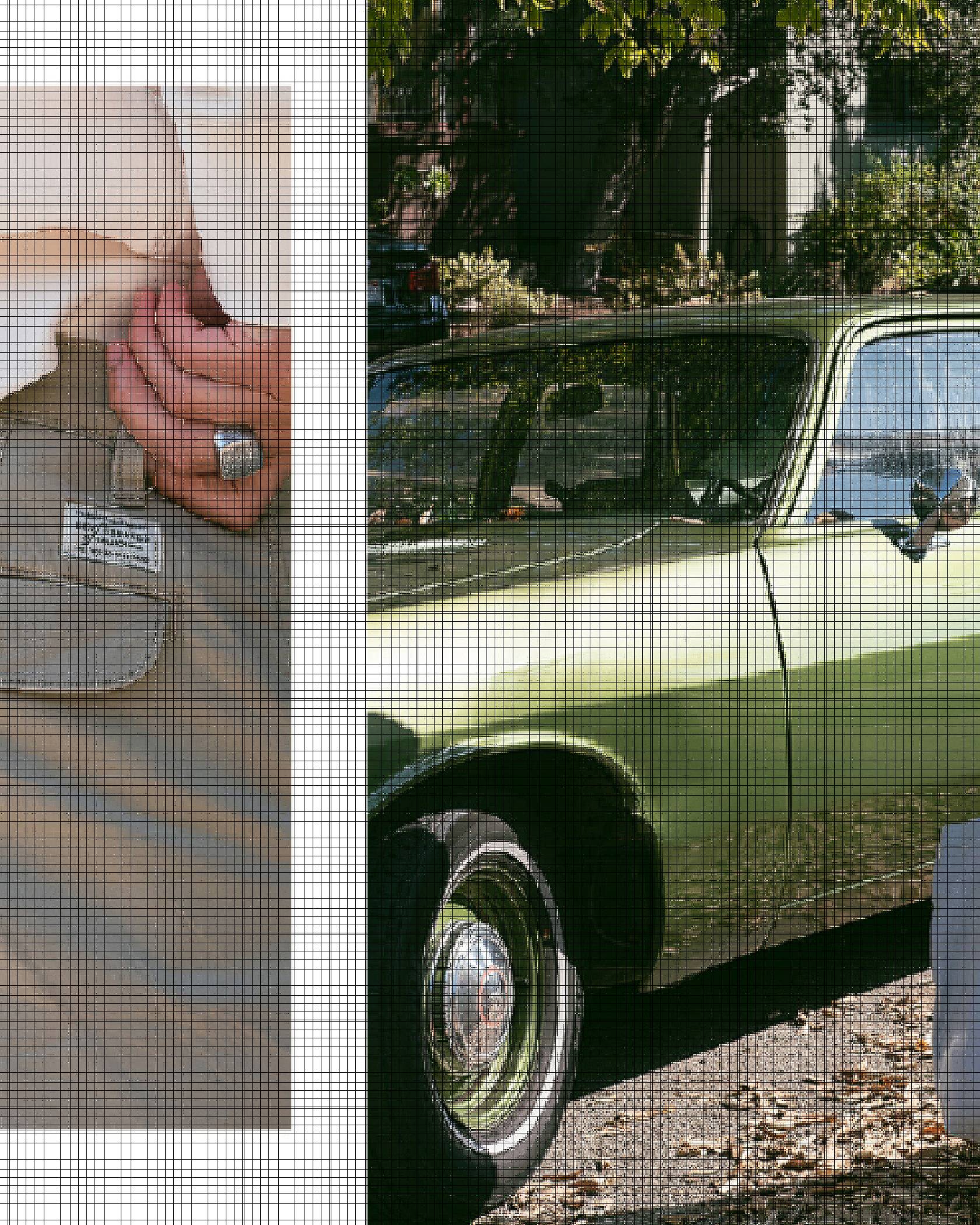 Two images of Paul Bellas. The left image is a close-up shot of the Levi's® Cargo Pants he's wearing. The right side is a further out shot of Paul standing in front of a vintage green car while wearing a white hoodie, cargo pants, and carrying a light blue denim tote.