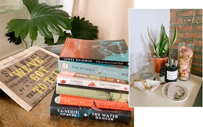 Side by side images from Eryn Danielle's apartment. Left: Stack of books. Right: Table with knick knacks.
