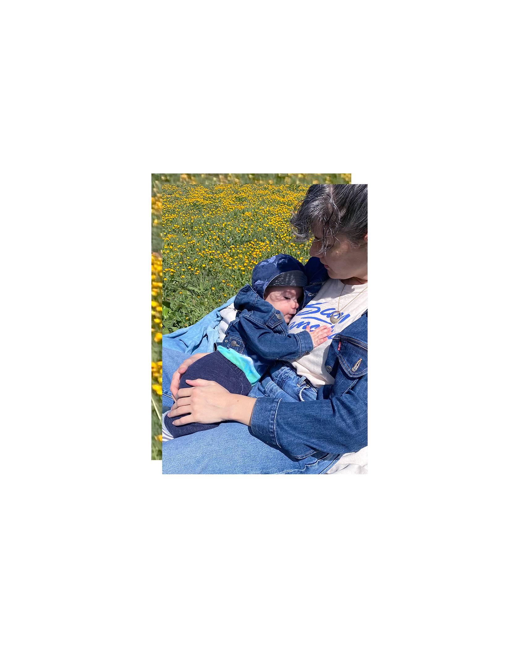 Silvia Llopis and baby Nico wearing a hand-me-down Levi's Trucker Jacket from his cousin
