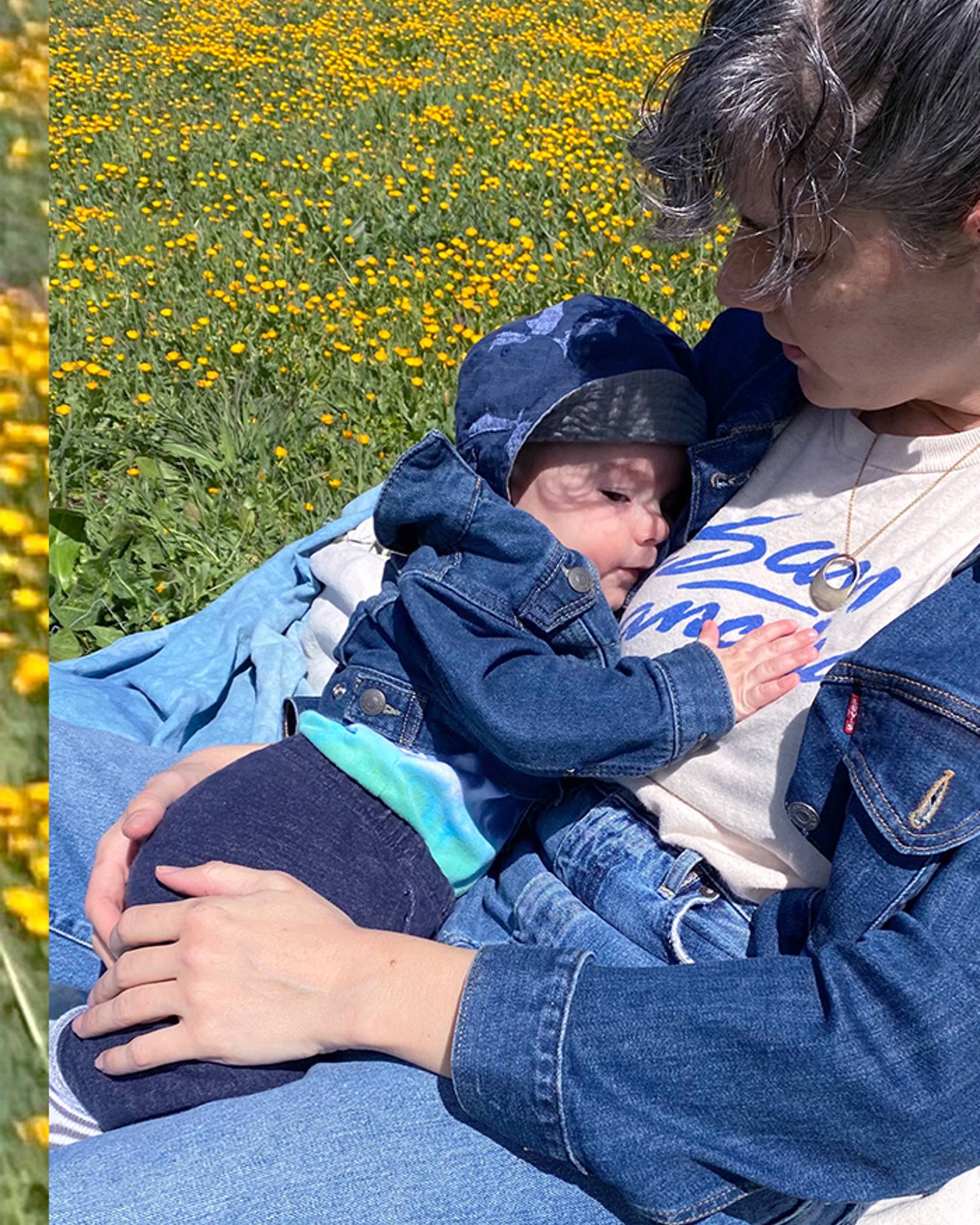 Silvia Llopis and baby Nico wearing a hand-me-down Levi's Trucker Jacket from his cousin