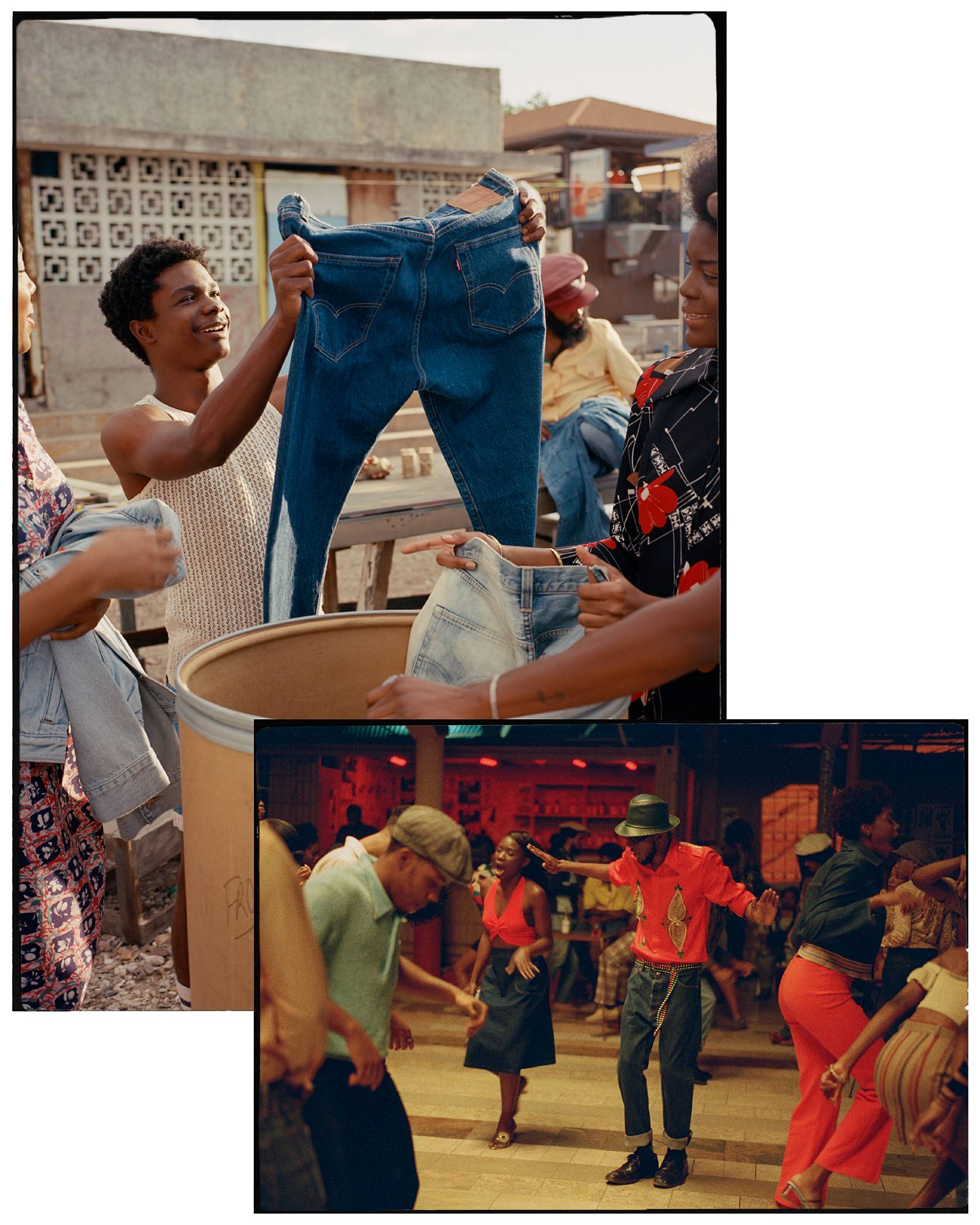 Collage of one image with people dancing in Levi's and another image of people holding jeans.