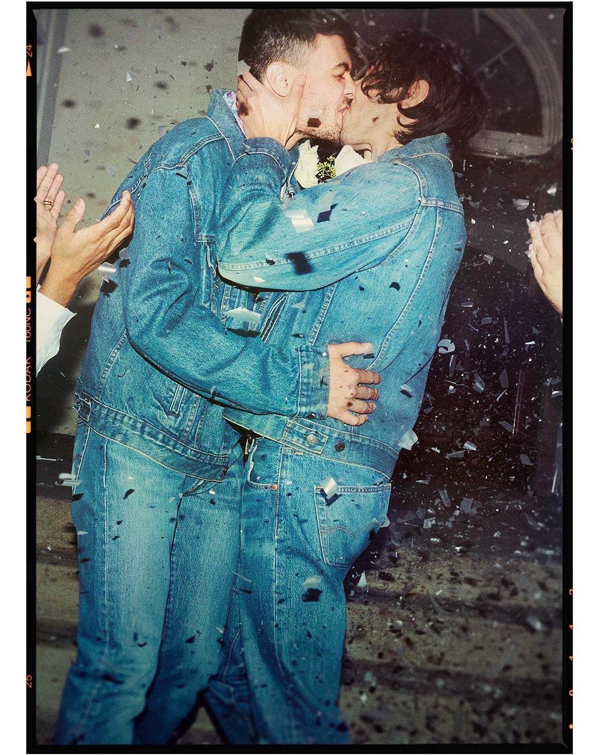 A couple both wearing head to toe Levi's denim at their wedding.