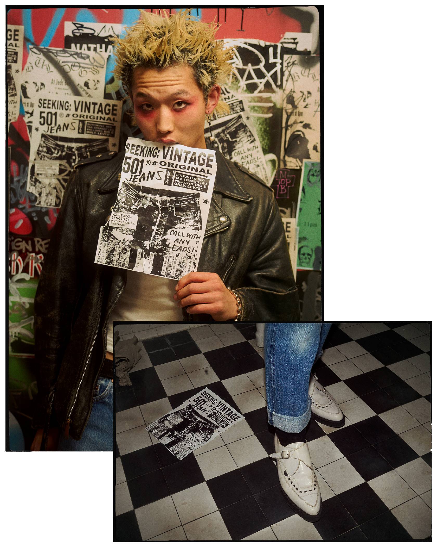 Guy with spikey blond hair wearing a leather jacket, white top, and Levi's jeans. He has a wanted ad for Levi's vintage jeans in his mouth standing in front of a graffiti wall.