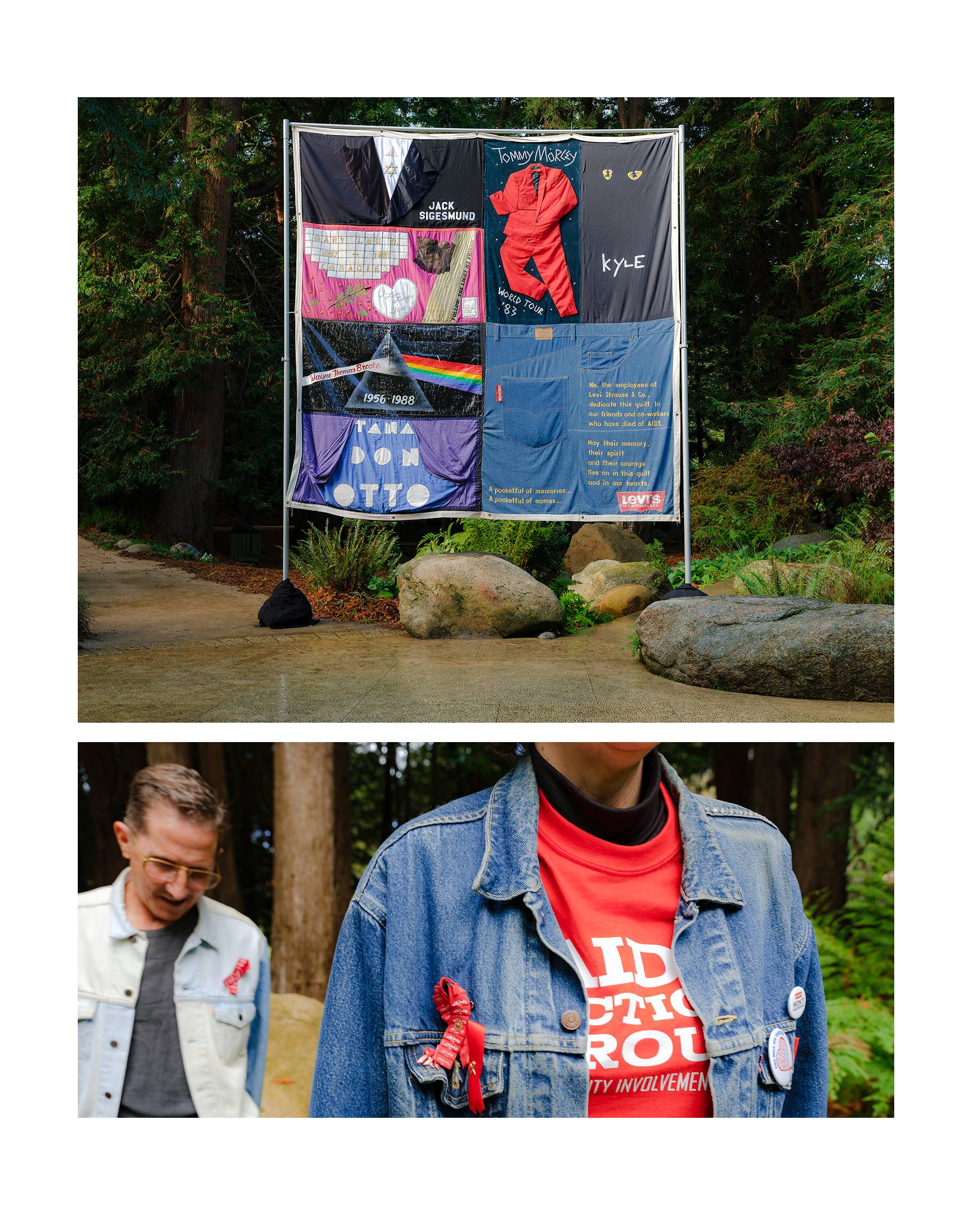 Sign of Aids blankets with a man wearing denim jacket with red pin.