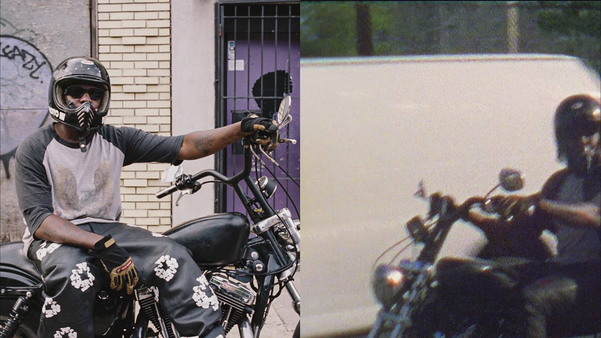 Two images of models posing on motorcycles wearing the Levi's x Denim Tears collection pieces.