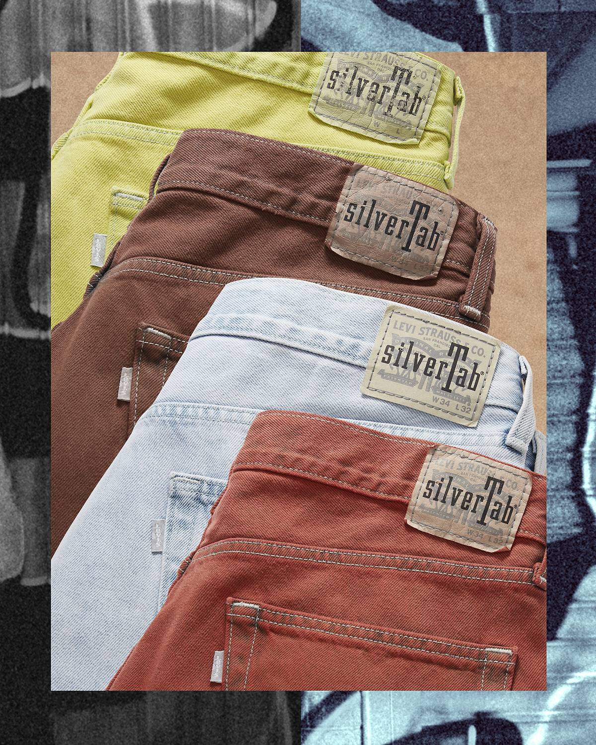 Four pairs of jeans layered on top of one another from the Levi's® SilverTab™ x 194 Local limited edition collection. 