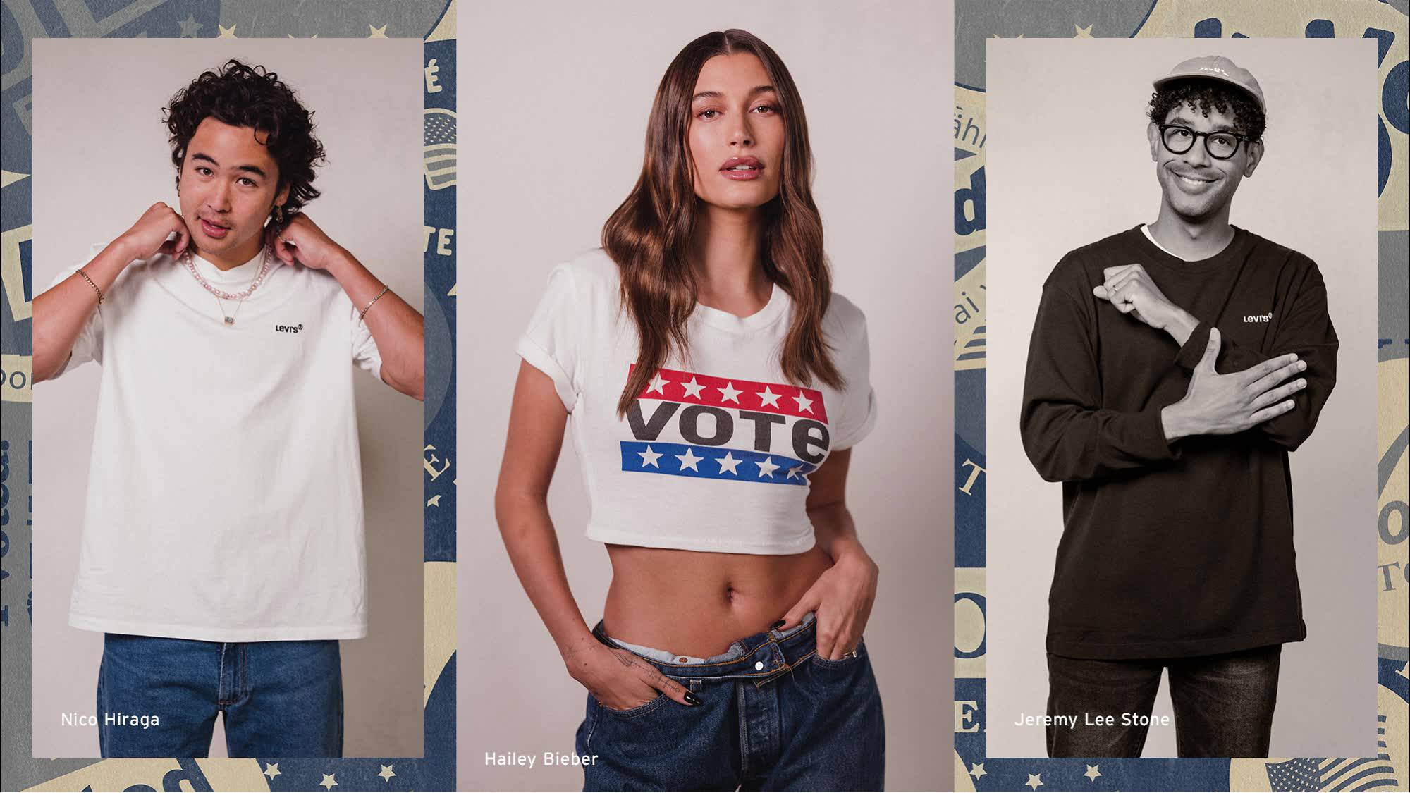 Three people standing wearing Levi's Vote product