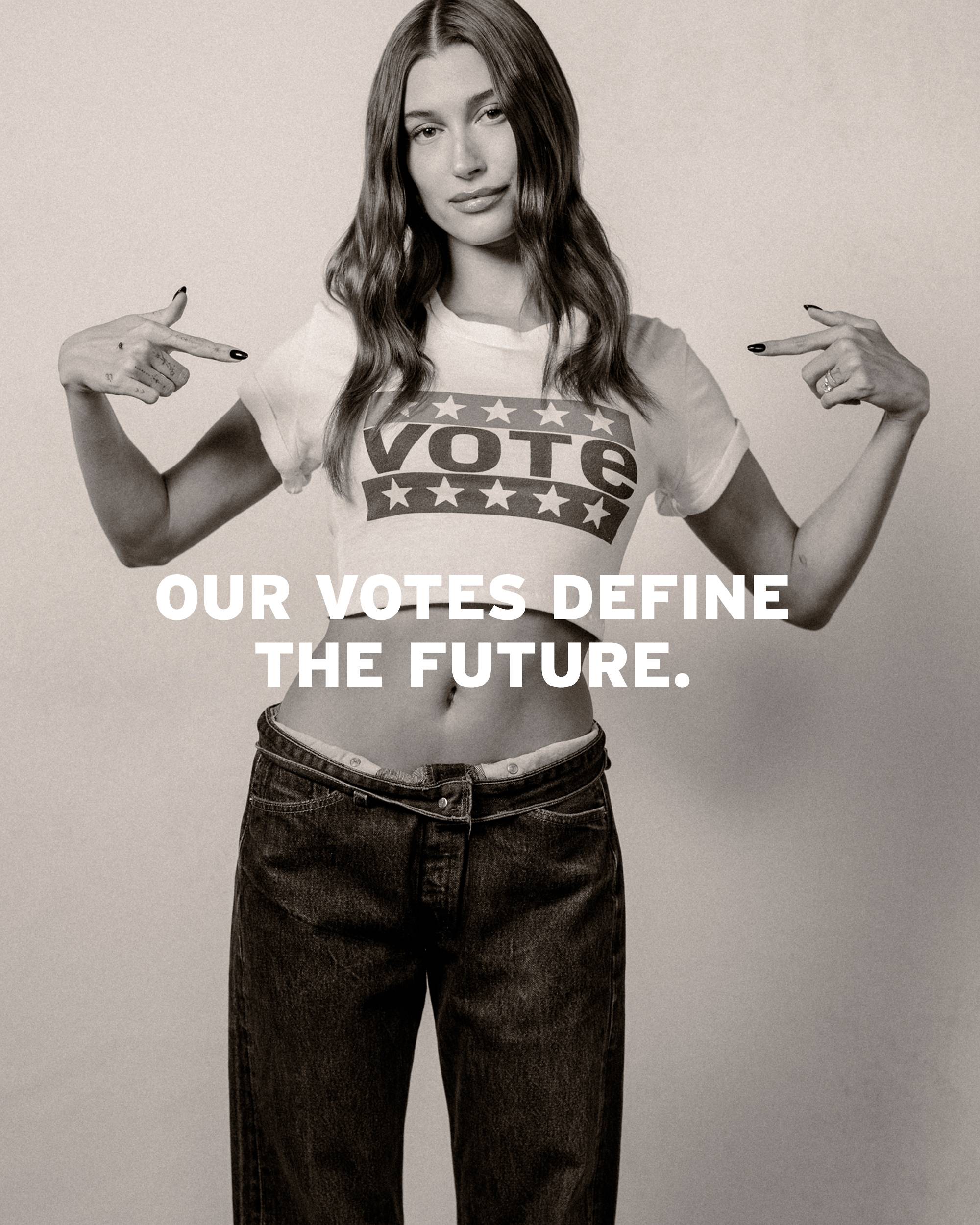 Hailey Bieber wearing Levi's Vote product
