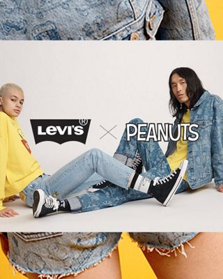 Peanuts collab header, three images with models wearing peanuts clothing and yellow background.