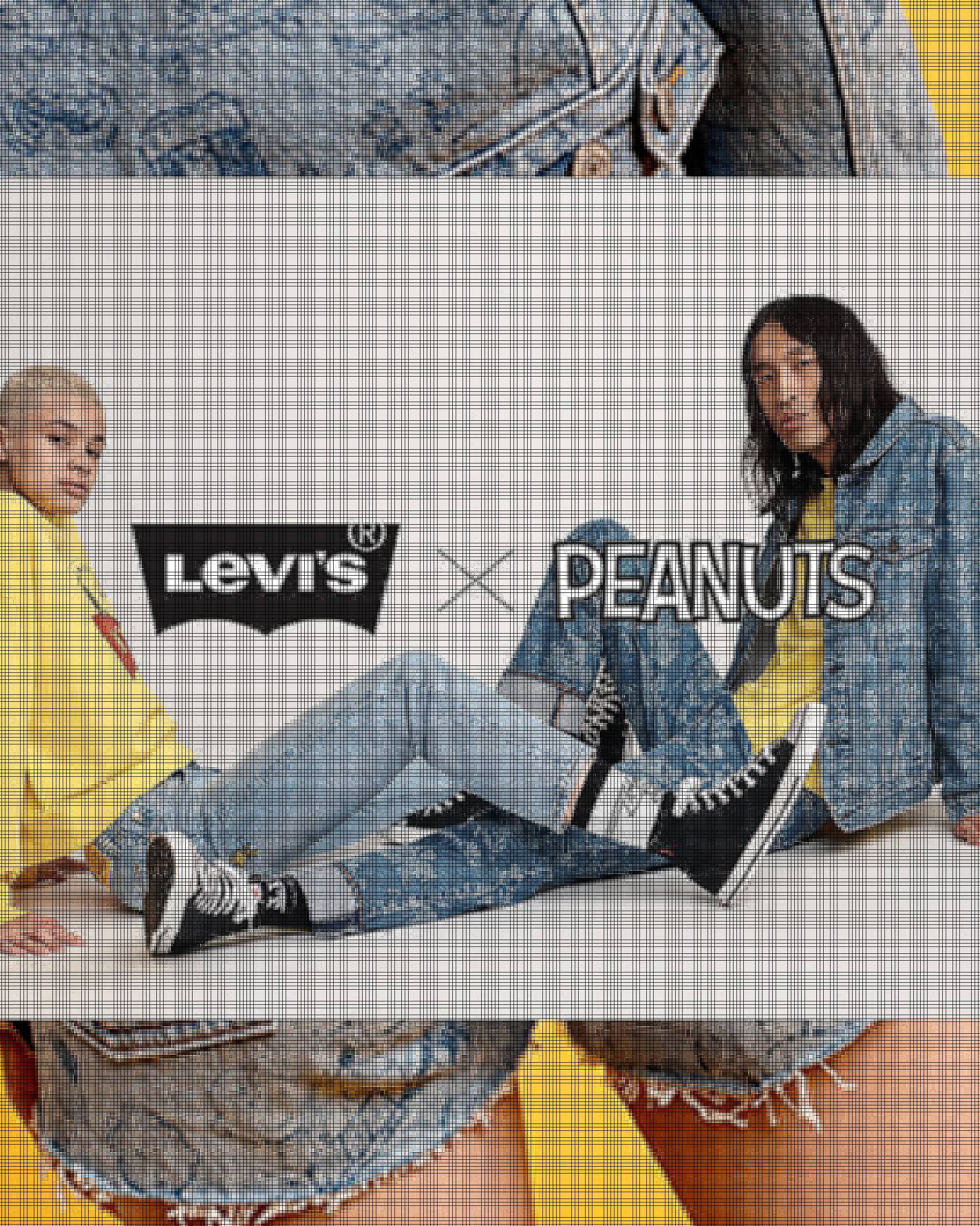 Peanuts collab header, three images with models wearing peanuts clothing and yellow background.