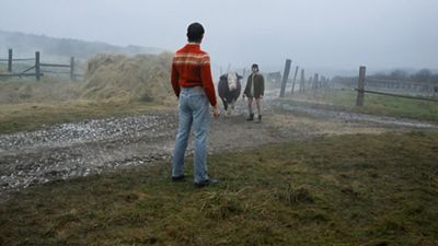 Guy standing in a grassy area wearing 501 jeans, looking away towards a cow and man walking towards him.