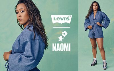 Levi's® x Naomi Osaka. Mint green background and a denim onsie.