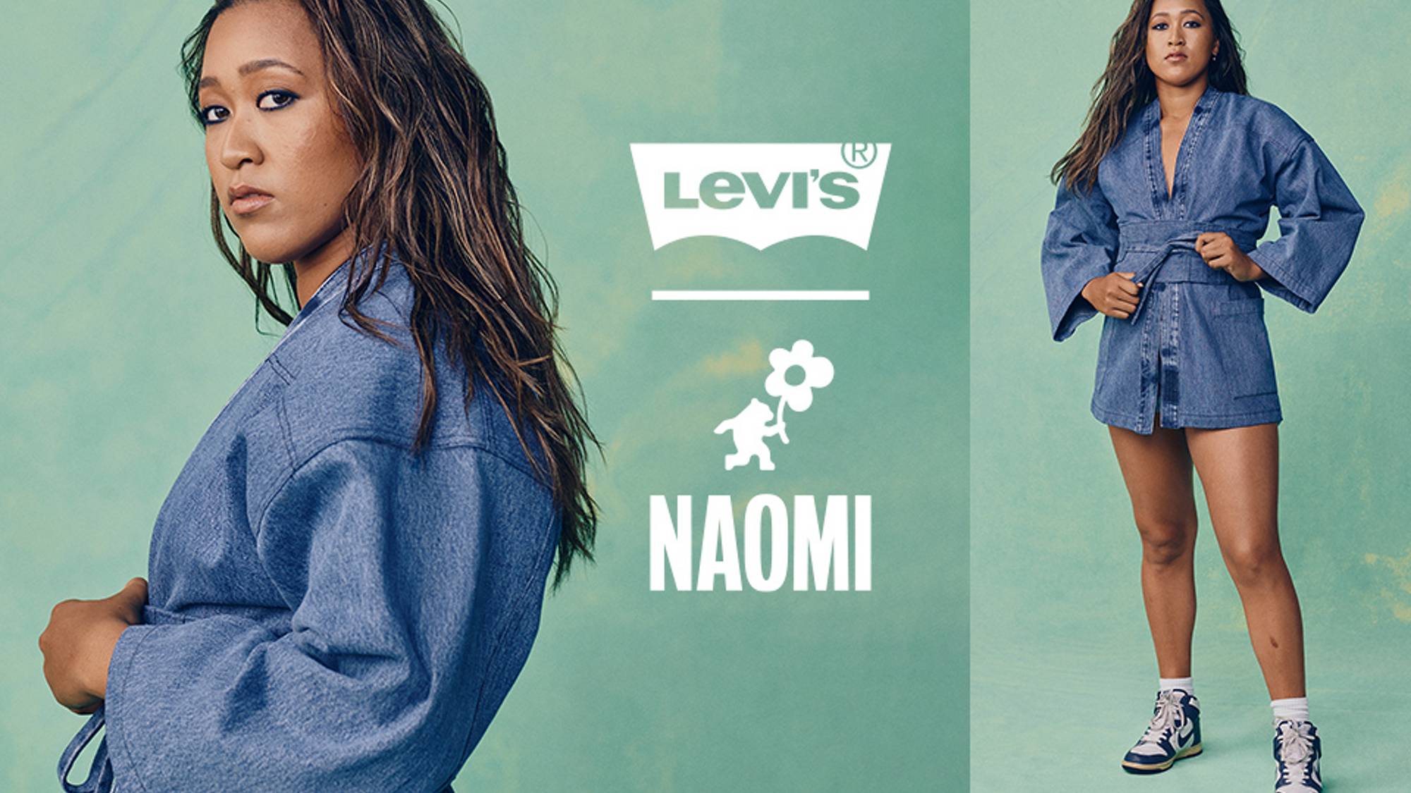 Levi's® x Naomi Osaka. Mint green background and a denim onsie.