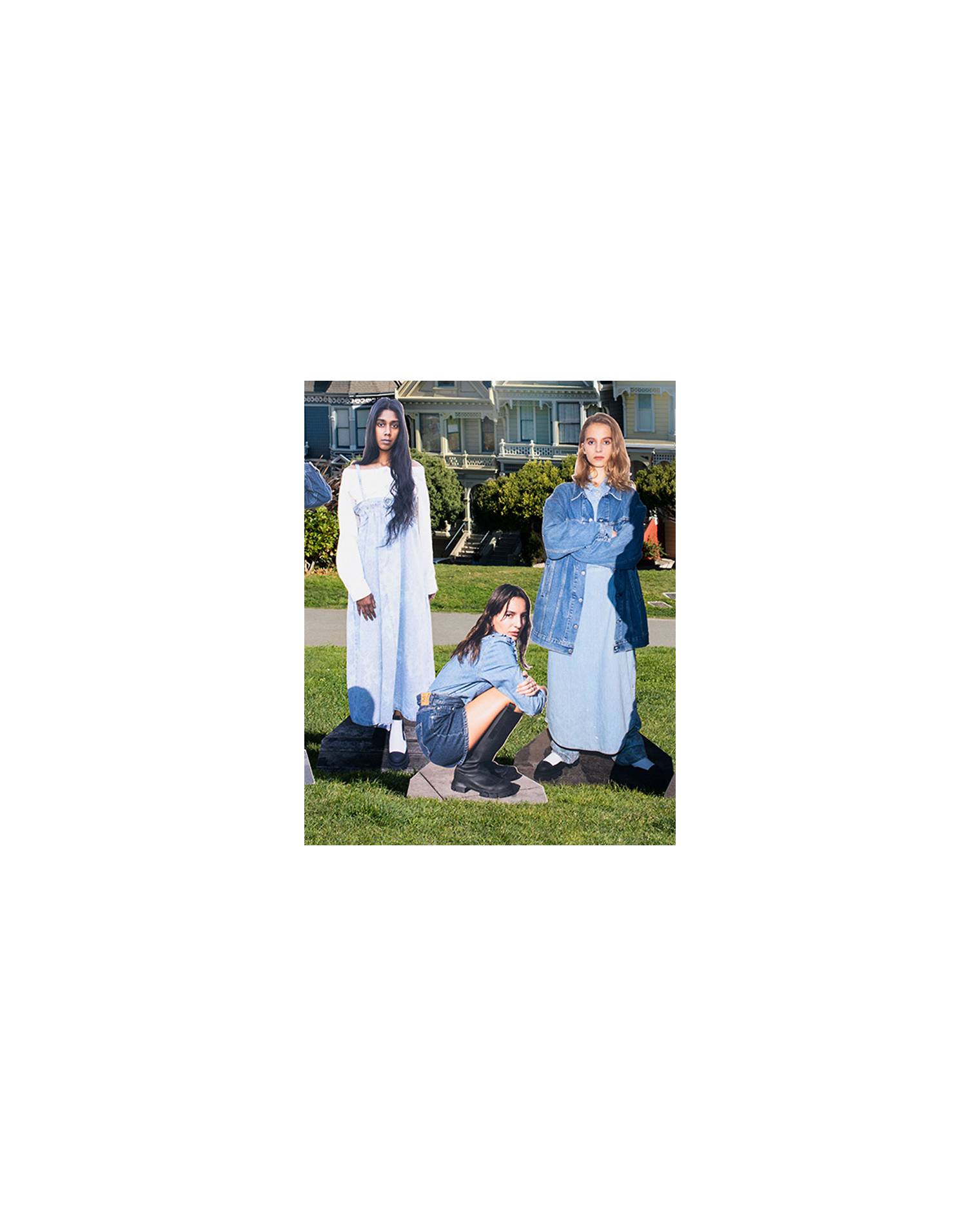 Five cutouts of models wearing outfits from Levi's x Ganni collection photographed in a green field in San Francisco in front of houses.