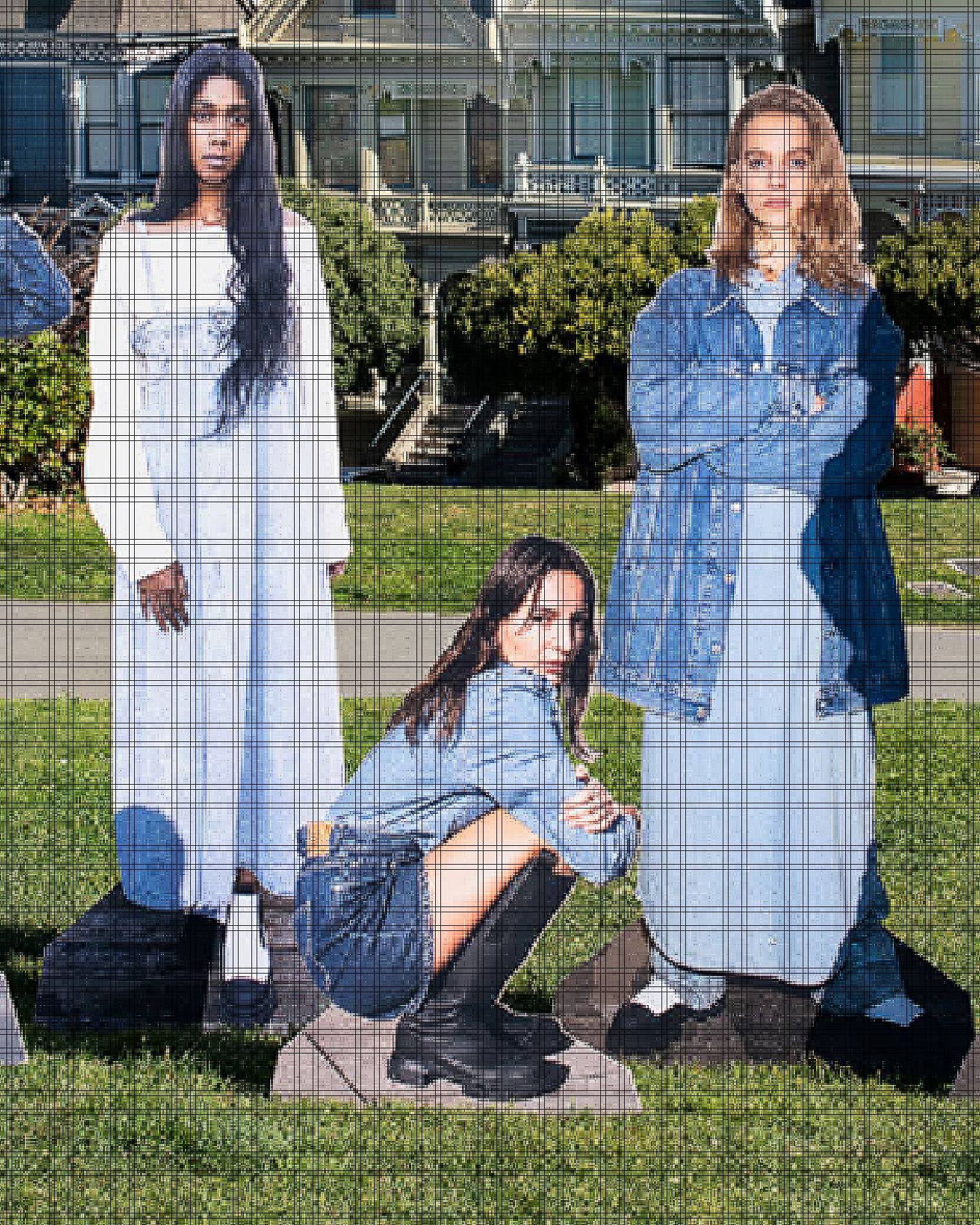 Five cutouts of models wearing outfits from Levi's x Ganni collection photographed in a green field in San Francisco in front of houses.